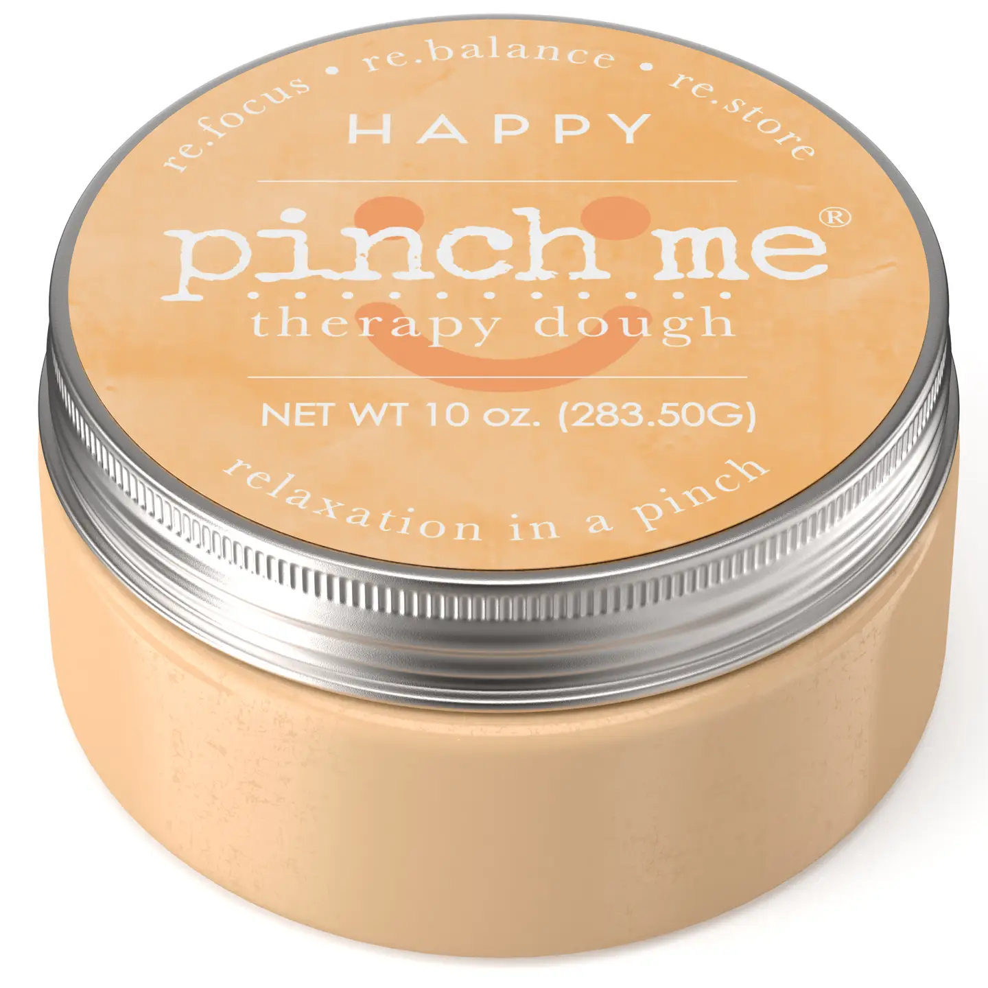 A round tin of Pinch Me Therapy Dough in the Happy scent — peach-colored dough labeled relaxation in a pinch