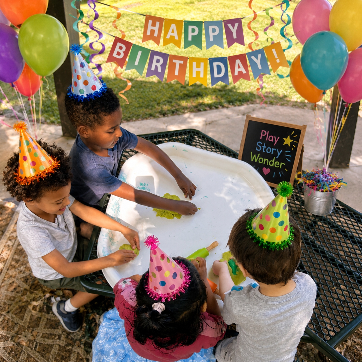Children in party hats playing with dough at a WonderPlay birthday celebration table.