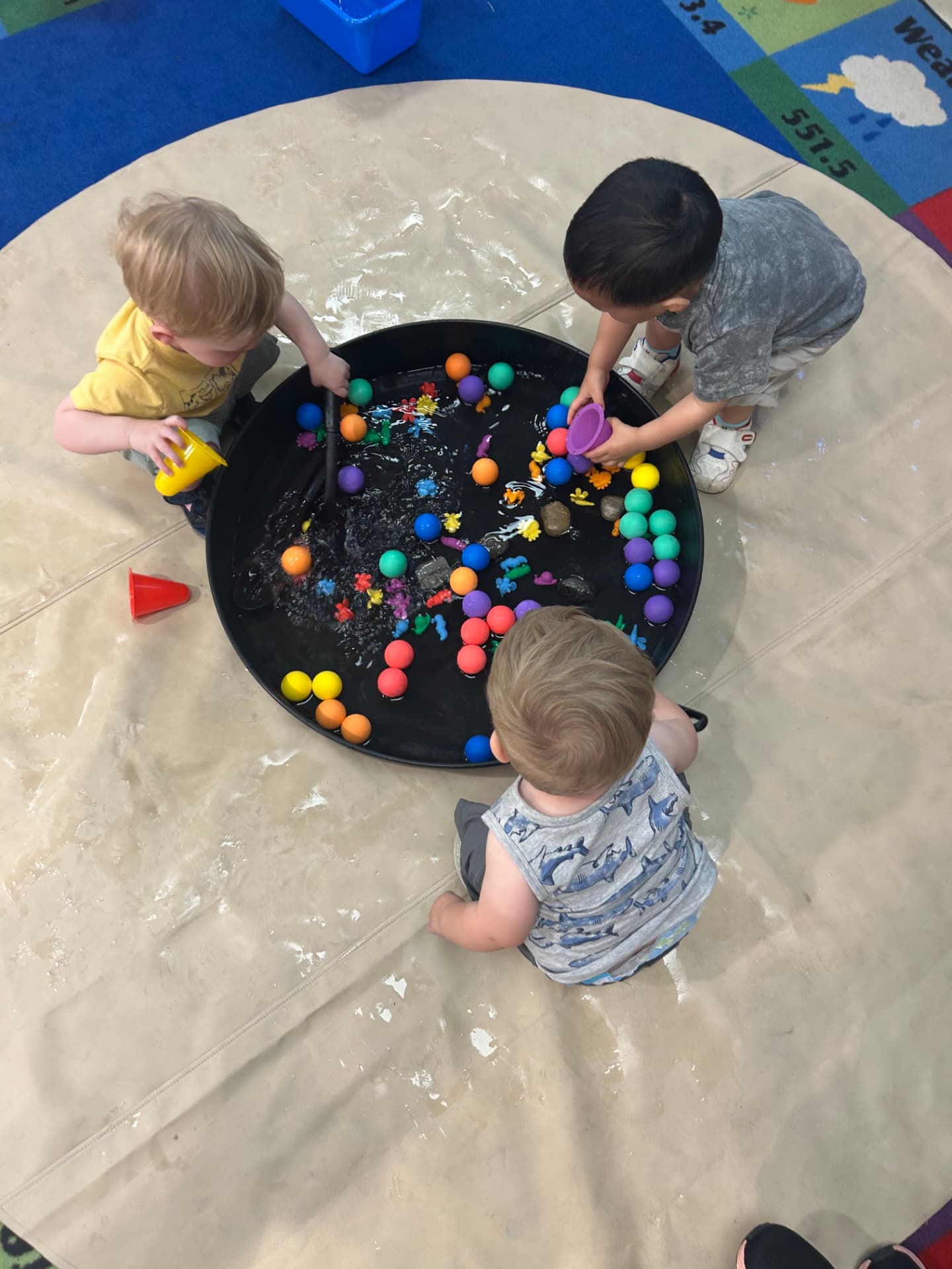 Toddlers scooping and playing with floating balls in a WonderPlay water basin