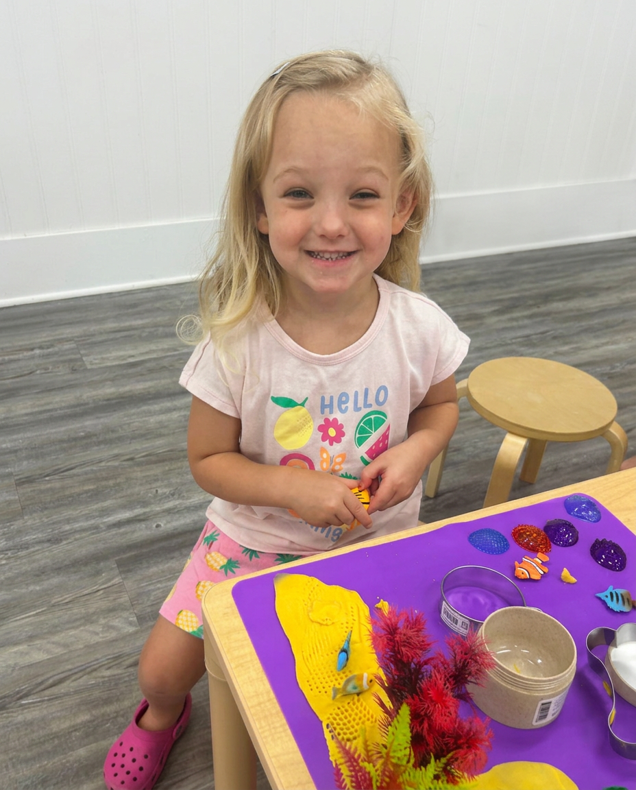 A smiling child enjoying a colorful WonderPlay sensory activity