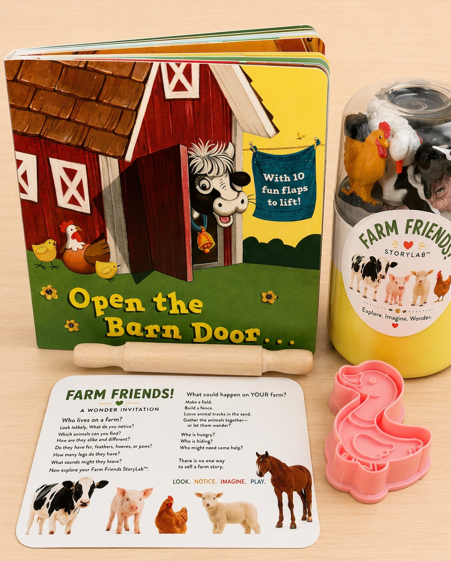 Farm Friends StoryLab with a story, sensory materials, animals, and play tools
